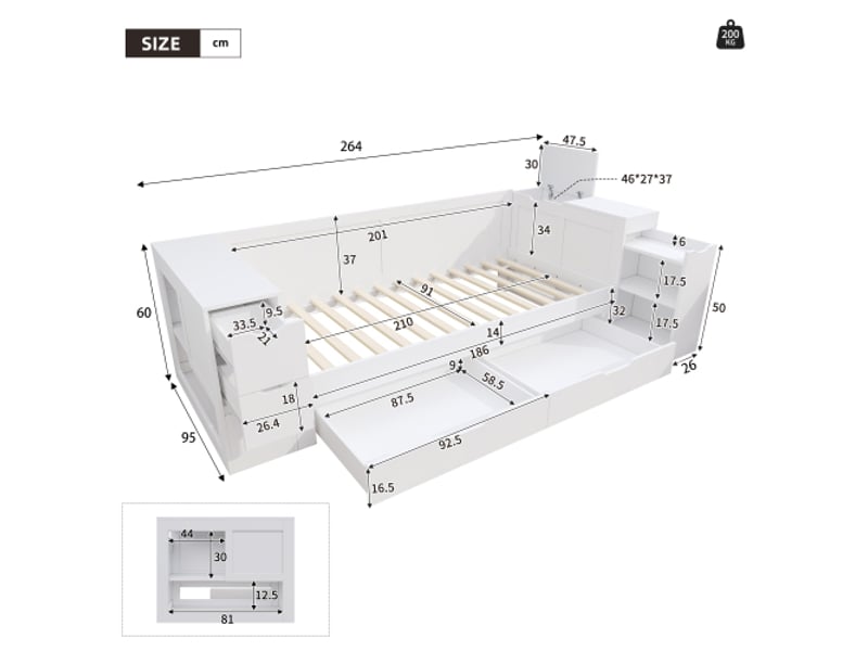  Lit enfant 90x200 cm, lit simple avec tiroirs, étagères, espace de rangement et table de chevet, sans matelas, mdf, blanc  - Conforama D