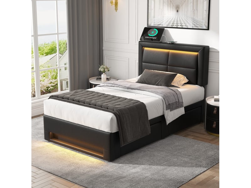 Lit enfant 90x200cm avec 4 tiroirs, ports usb de chargement, lumières led, design moderne, pu, noir, sans matelas - Conforama C