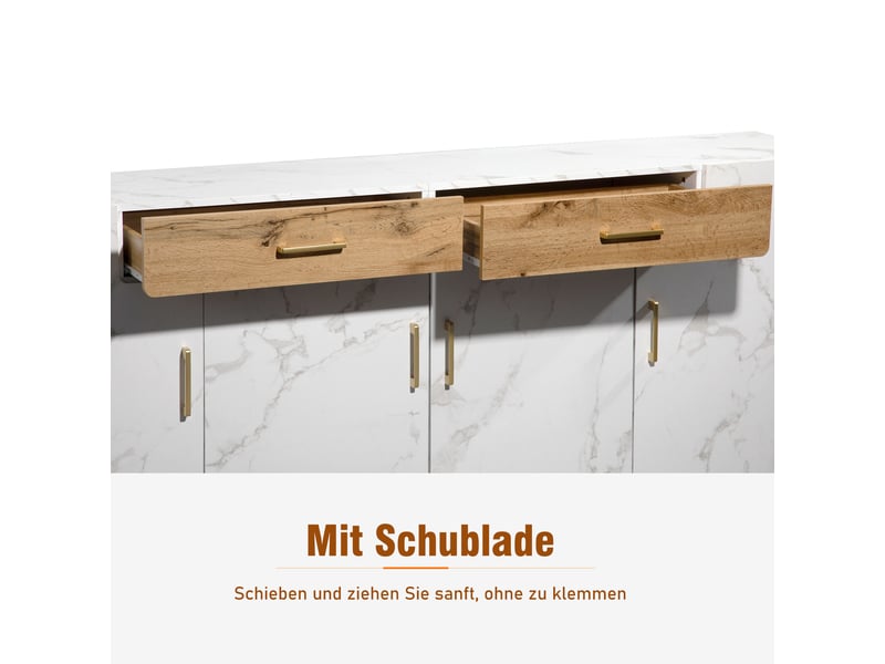 Buffet de cuisine blanc 208x39,5x80 cm, meuble rangement avec 4 portes et 2 tiroirs, structure panneaux de particules - Conforama E