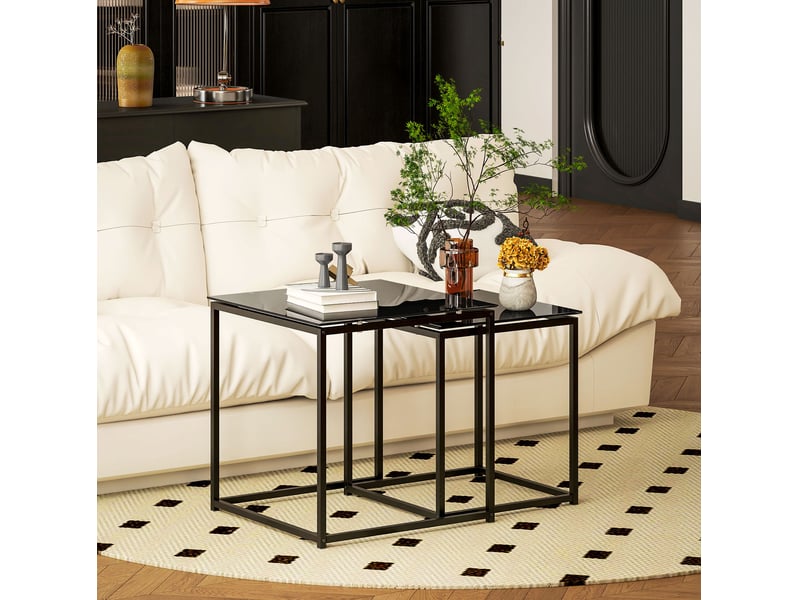  Lot de 2 tables d’appoint gigognes carrées en acier noir et verre trempé  - Conforama D