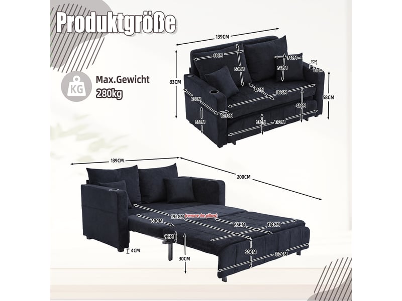 Canapé convertible 2 places avec poches latérales et 4 coussins - fonction lit, structure compacte, chenille noir - Conforama D