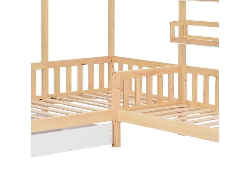  Lit enfant simple 90x200 cm + 140x70 cm avec rangements, pin et mdf, naturel, sans matelas  - Conforama E