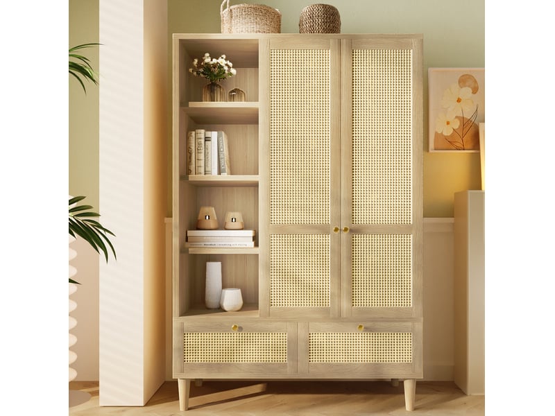 Armoire tcqpz 180 x 120 x 50 cm avec portes à motif rotin, étagères ouvertes, penderie et 2 tiroirs, style maison de campagne, bois clair - Conforama B
