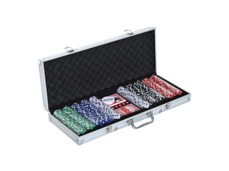 Mallette de poker 500 jetons 55,5 x 22 x 6,5 cm – multicolore – 2 jeux de cartes, 5 dés, aluminium - Conforama A