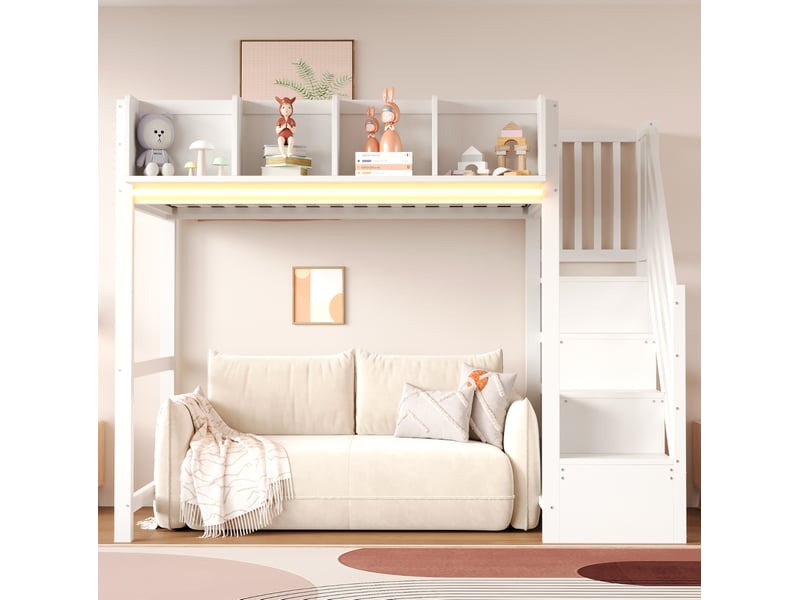 Lit mezzanine enfant 90x200 cm – blanc – led, rangements ouverts et échelle sécurisée - sans matelas - Conforama B