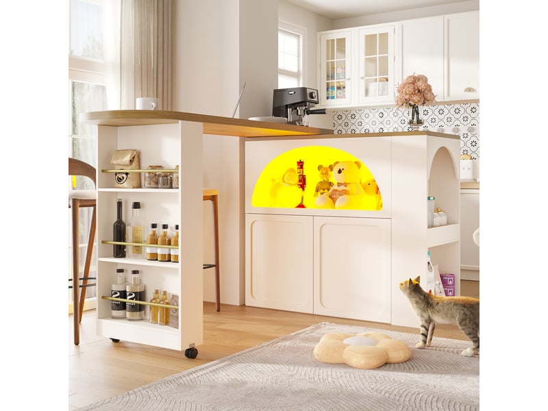  Table de bar extensible 135-205x39x100 cm, îlot mobile avec rangement, led et portes incurvées, mdf blanc Bliss Lite - Conforama E