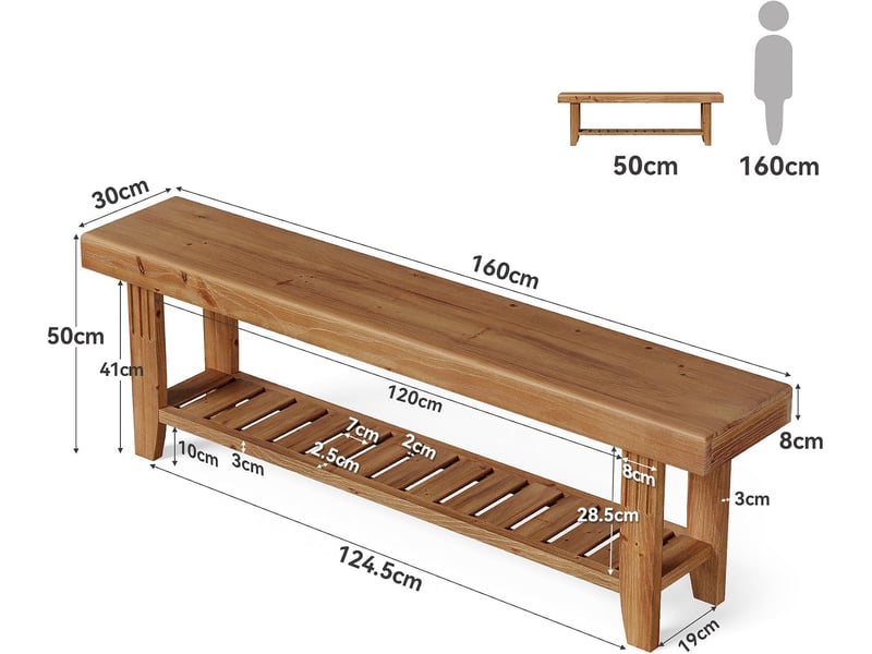  Étagère à chaussures avec banc, 160 cm, long banc à chaussures à double niveau, banc robuste pour couloir, banc à chaussures rustique en bois pour entrée, chambre à coucher, salon, pied du  - Conforama C