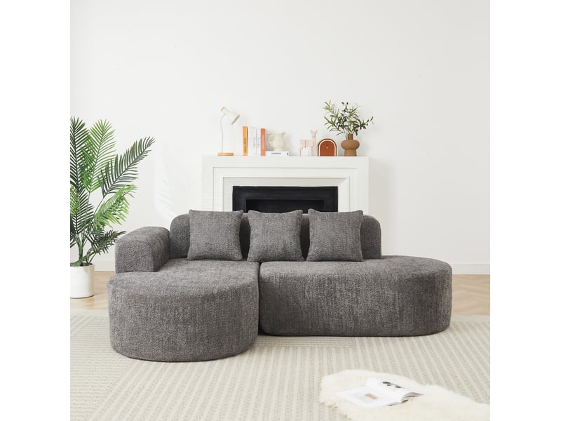  Canapé d'angle gauche 3 places avec méridienne et 3 coussins de dossier, design arrondi en chenille gris anthracite  - Conforama E