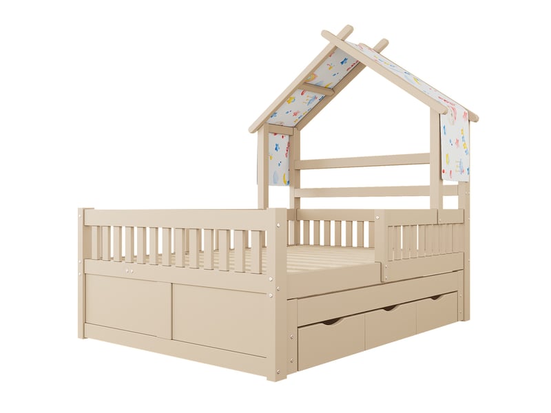  Lit cabane enfant, lit gigogne double 140x200 cm avec 3 tiroirs de rangement et barrières de sécurité, style montessori, crème  - Conforama A