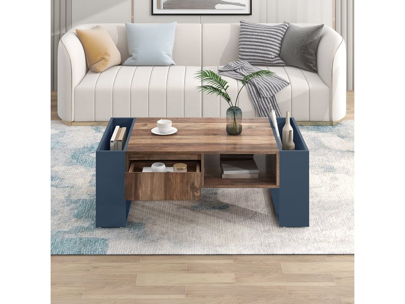  Table basse 111x60x40 cm, tiroir sans poignée, rangement double face, compartiments latéraux, structure en panneaux - noir et gris  - Conforama B
