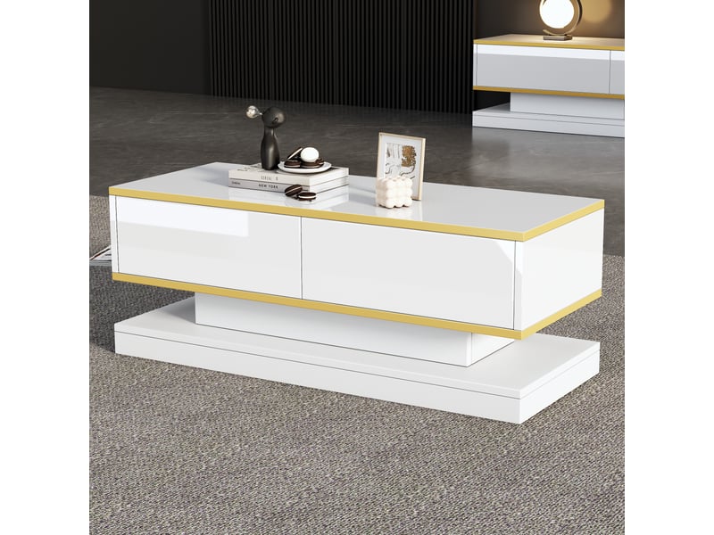 Ensemble salon blanc brillant: meuble tv, console 3 tiroirs et table basse 2 tiroirs, finitions dorées - Conforama B