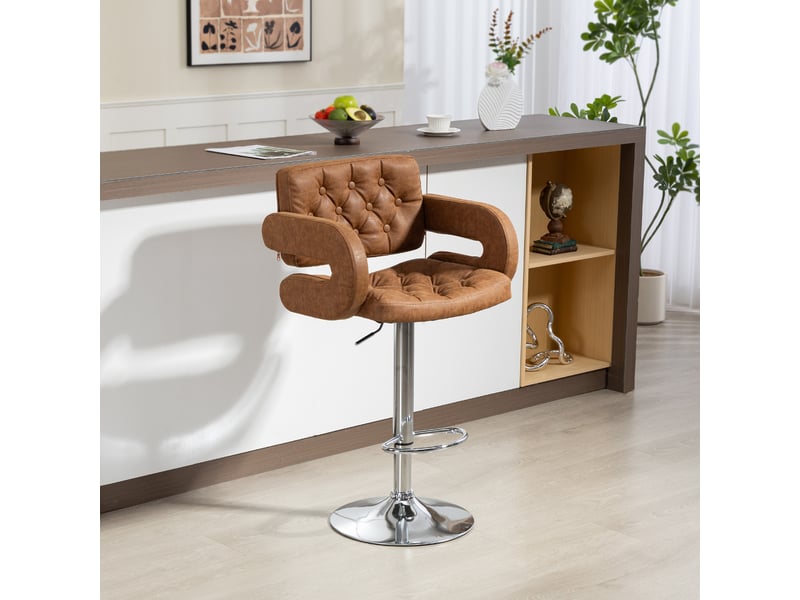  Tabouret de bar avec dossier et accoudoirs, hauteur réglable et repose-pieds, similicuir marron  - Conforama C