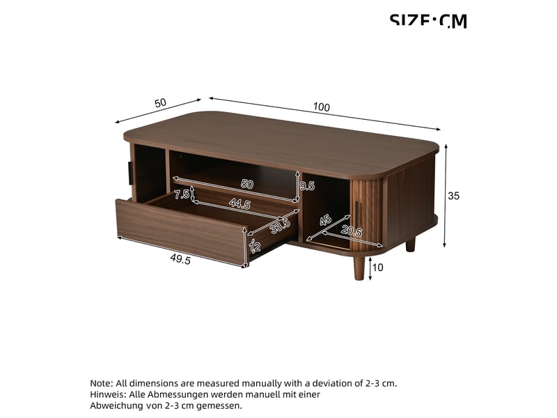  Table basse 100x50x35 cm coloris noyer avec 1 tiroir et 2 portes roulantes  - Conforama C