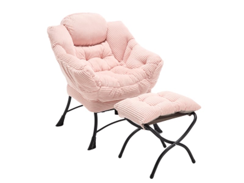  Fauteuil lounge relax avec repose-pieds ottoman en tissu rembourré – chaise paresseuse avec accoudoirs, poche latérale et structure en acier – pour salon, chambre et coin lecture – rose  - Conforama A