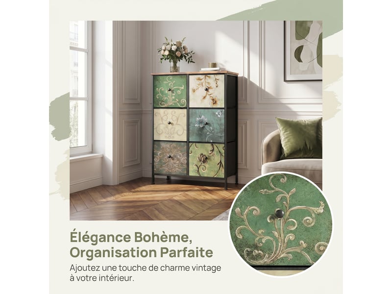  Commode 6 tiroirs, commode de rangement, tissu floral,structure en métal,pour salon, chambre, style bohème,67,5 x 30 x 86,5 cm  - Conforama E