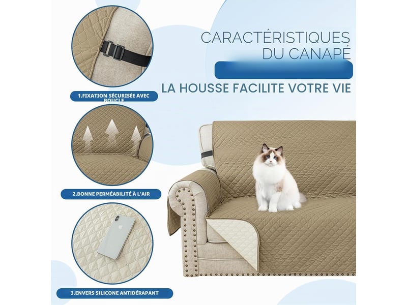  Housse de canapé 3 places (176 cm) – housse imperméable avec protection des accoudoirs – protège-canapé universel antidérapant – kaki  - Conforama E