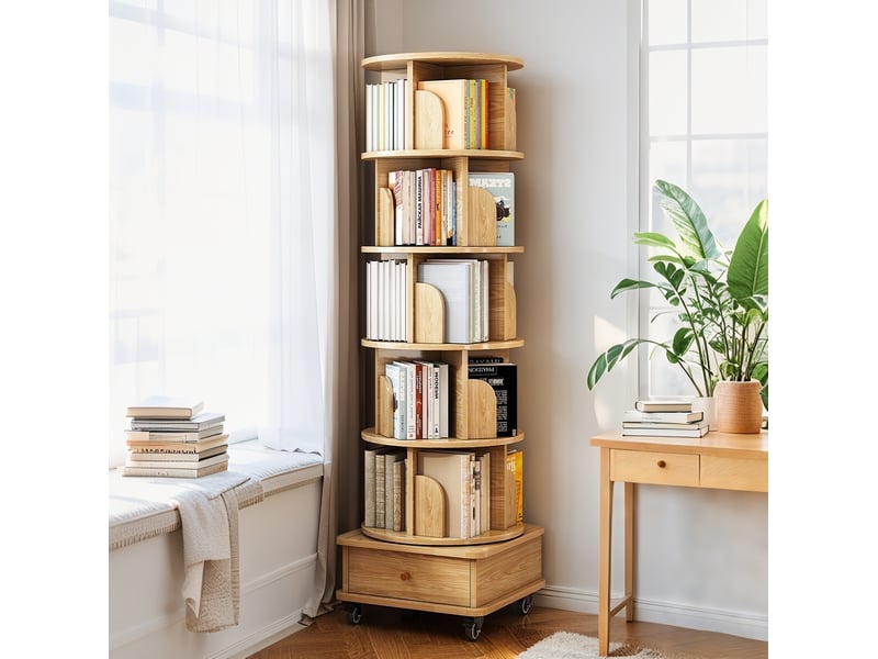  Bibliothèque rotation à 360° 46x46x173 cm avec 1 tiroir en mdf couleur bois clair, design naturel, confort optimal  - Conforama E