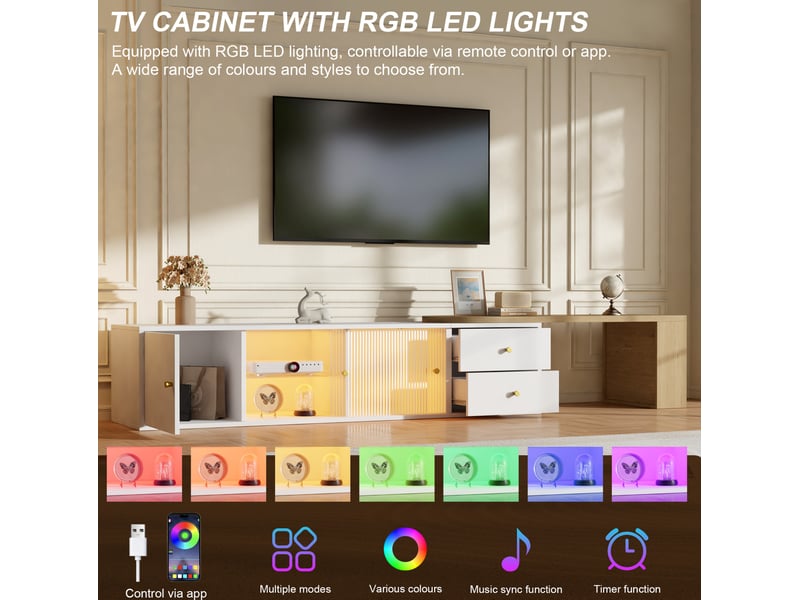  Meuble tv bas extensible 75x40x38 cm led, 2 tiroirs, 2 portes coulissantes en verre, panneau de particules blanc naturel  - Conforama E