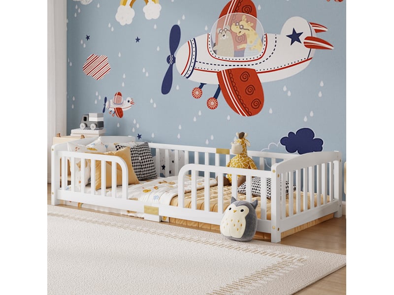 Lit au sol enfant 90x200 cm, blanc, en bois, avec entrée centrale et garde-corps de sécurité, sans matelas - Conforama E