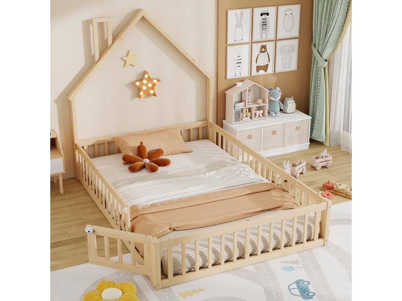  Lit cabane 140 x 190 cm, enfant en forme de cheminée, sommier à lattes, matelas non inclus, en pin,, naturel  - Conforama C