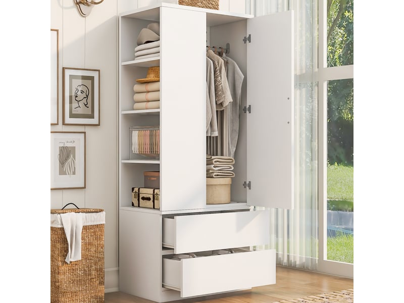  Armoire penderie 70x50x175 cm - 2 tiroirs - étagères ouvertes - rangement chambre - bois et mdf - blanc CozyNest - Conforama B