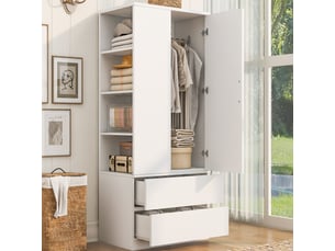 Armoire penderie 70x50x175 cm - 2 tiroirs - étagères ouvertes - rangement chambre - bois et mdf - blanc