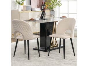 Chaise de salle à manger rembourrée – lot de 2, velours beige, dos à motif diamant, cadre métallique, pieds réglables