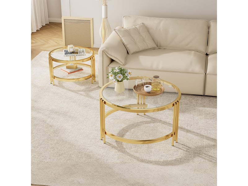  Lot de 2 tables basses gigognes 80×80×45 + 60×60×33,5 cm, plateau de table en verre, cadre en métal - doré + transparent  - Conforama W