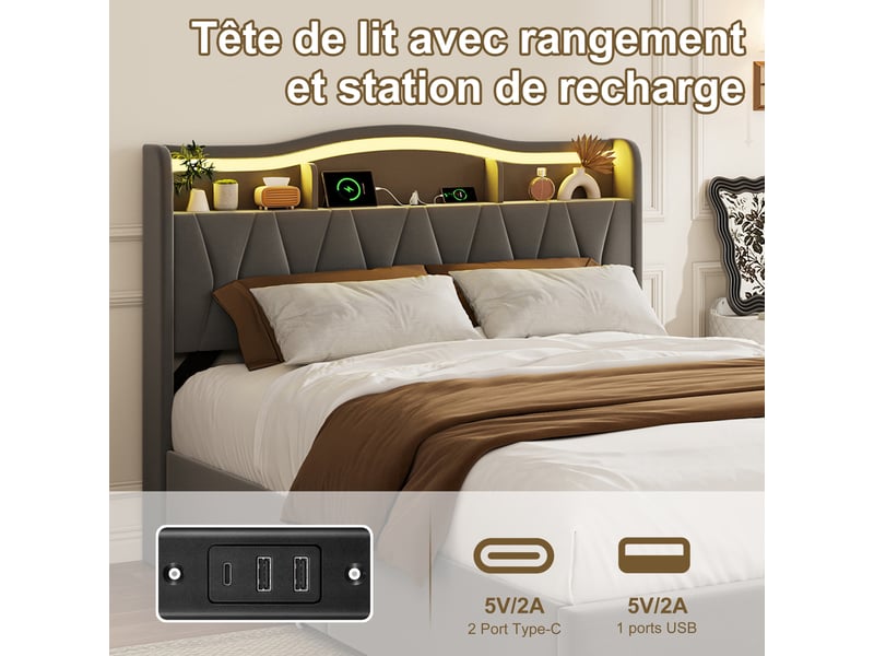 Lit 160x200 cm en tissu polaire gris, tête de lit avec rangement, ports de recharge usb‑c, éclairage led rgb, 4 tiroirs de rangement, sommier à lattes inclus - Conforama C