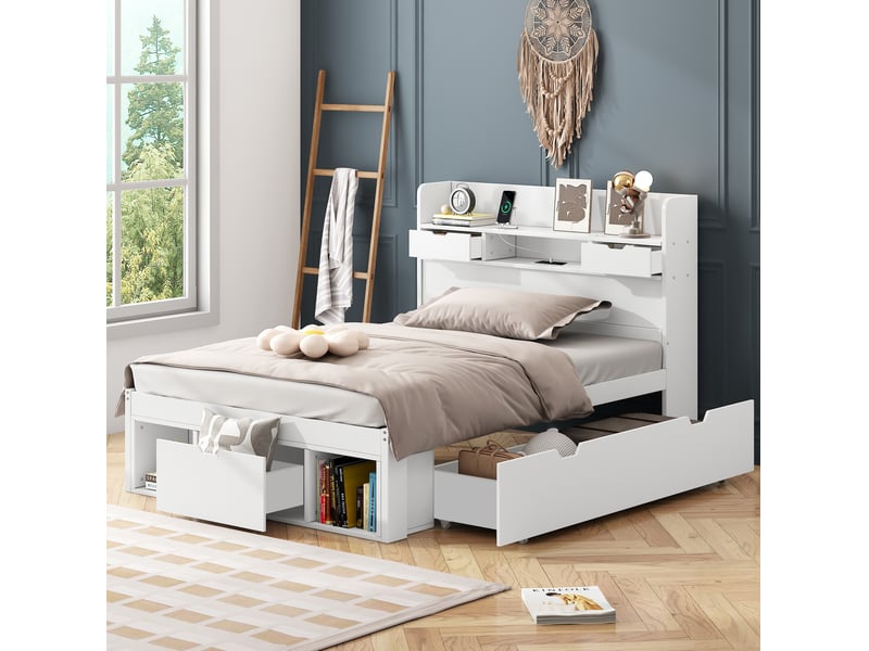 Lit simple multi 90x190 cm, rangement, charge, lit enfant tiroirs, en mdf, coloris blanc, sommier, tête de lit, sans matelas - Conforama D