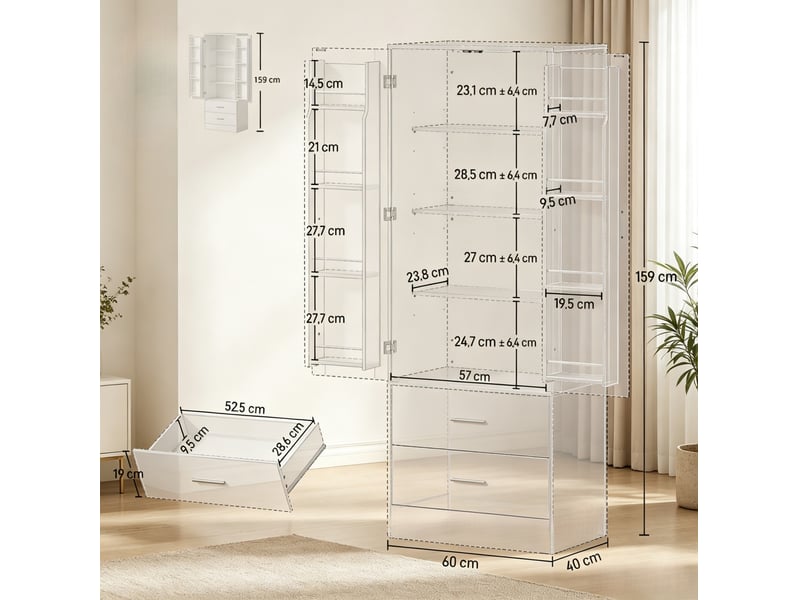  Buffet de cuisine 60x40x159 cm 2 portes 2 tiroirs mdf panneau de particules blanc  - Conforama E