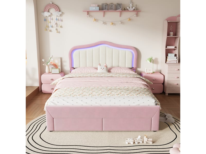  Lit enfant rembourré 140x200cm rose, 2 tiroirs en pied de lit, tête de lit blanche, led par app, jusqu'à 220 kg  - Conforama D