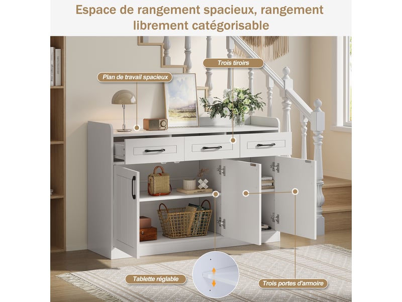  Buffet blanc 120 cm meuble de rangement 3 tiroirs et 3 portes design rayé  - Conforama B