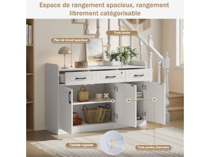 Buffet blanc 120 cm meuble de rangement 3 tiroirs et 3 portes design rayé