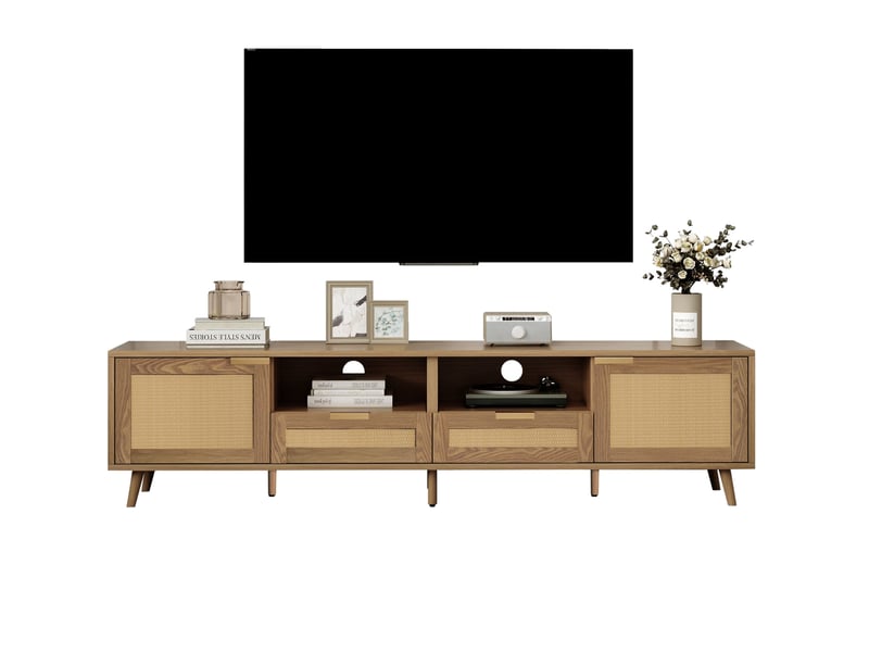  Meuble tv 200 x 37 x 49 cm, chêne, 2 portes, 2 tiroirs et détails en rotin  - Conforama A