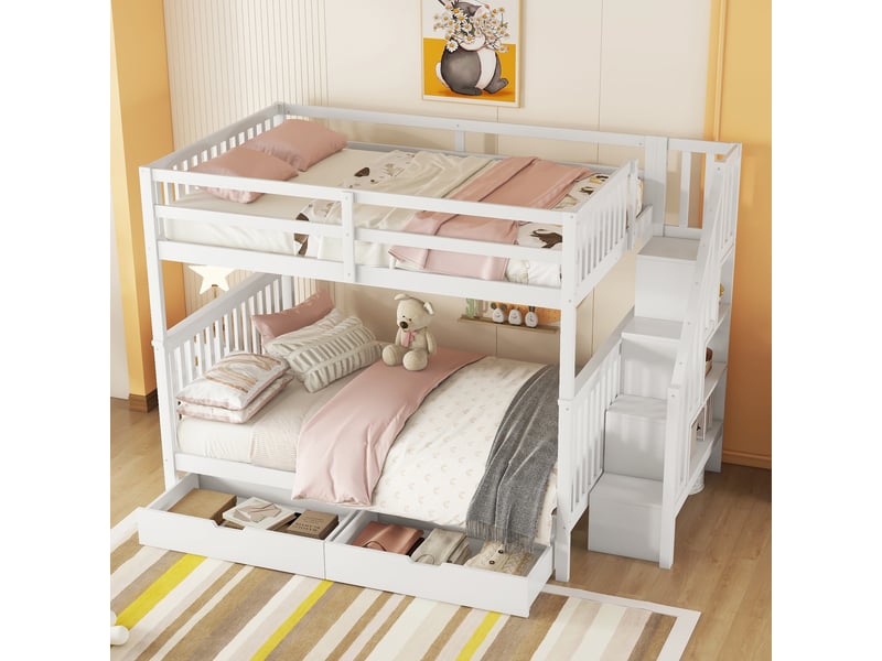 Lit superposé enfant 140x200 cm avec escalier rangement, 2 tiroirs et garde-corps sécurisé, lit en pin et MDF avec rangements intégrés - Blanc Fay Lum - Conforama E