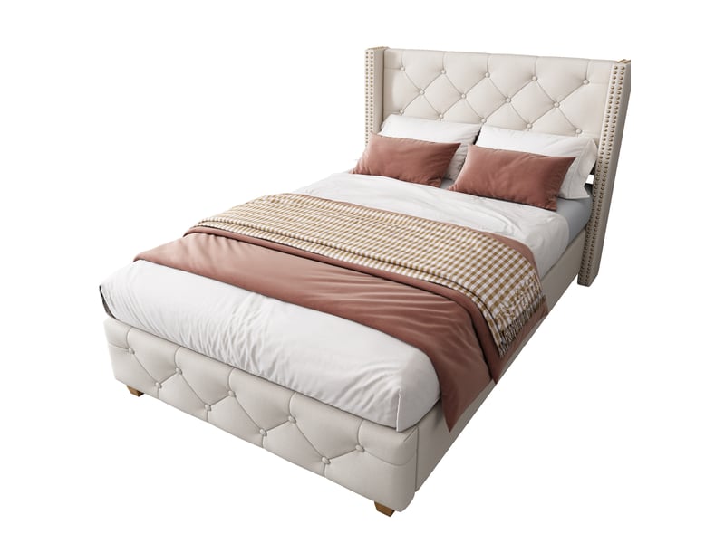  Modenvie lit capitonne 90x200 cm - tete de lit a ailes, capitonnage a boutons - sommier inclus, beige  - Conforama A