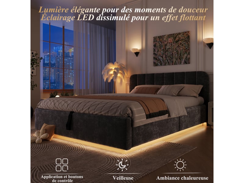  Lit coffre 140x200 cm anthracite, tissu chenille, sommier relevable hydraulique, led contrôlée par appli, sommier à lattes inclus  - Conforama D