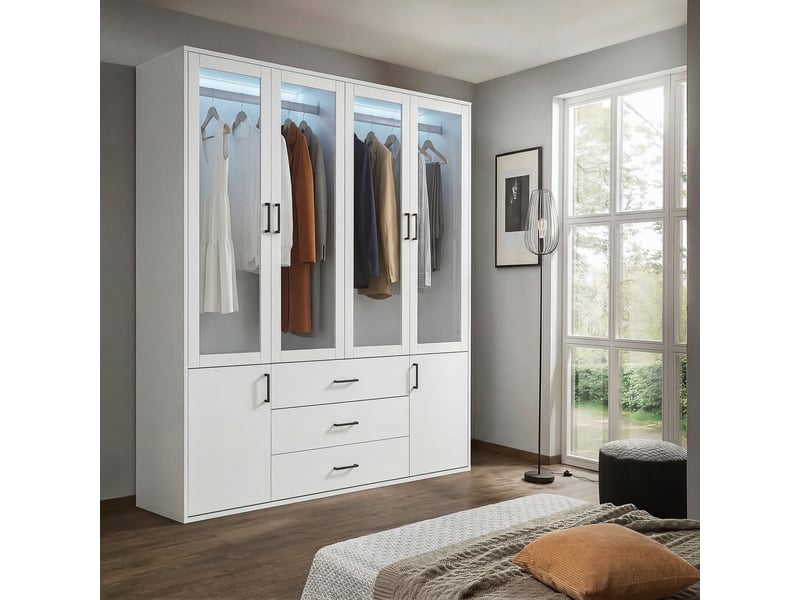  Armoire de penderie 4 portes transparentes avec tiroirs - 160 x 51,8 x 182 cm - blanc - meuble de rangement - éclairage led  - Conforama C