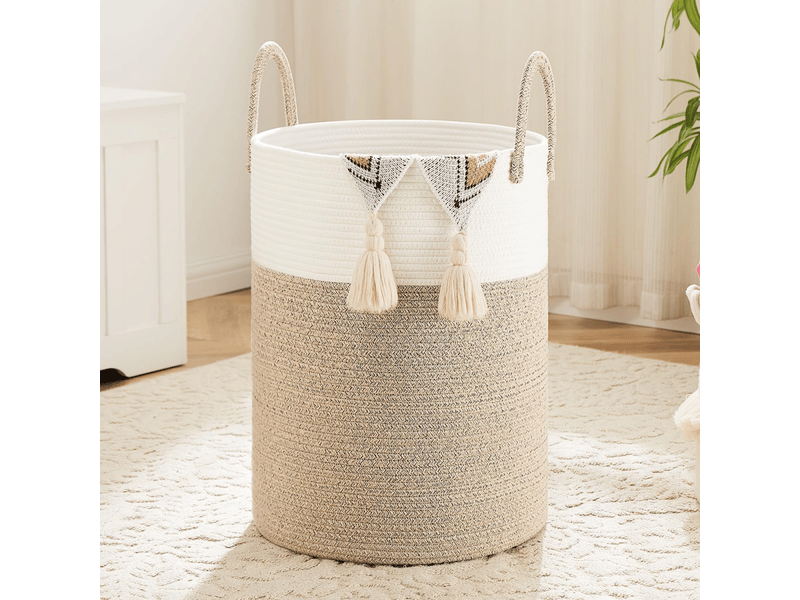  Panier à linge en corde de coton tressé 60 litres pour ranger vêtements sales ou jouets, kaki  - Conforama A