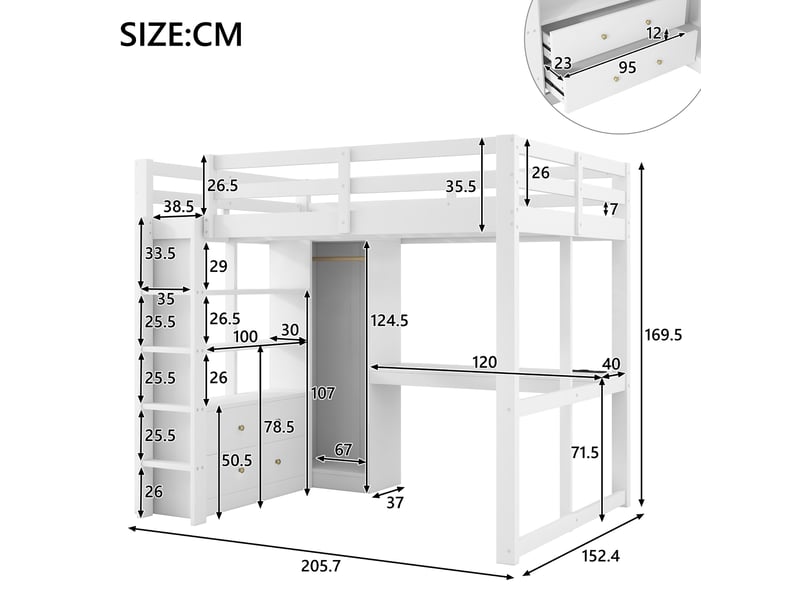  Lit mezzanine, 140x200 cm, avec 2 tiroirs, bureau intégré, led et usb, matelas non inclus, bois et mdf, coloris blanc  - Conforama C