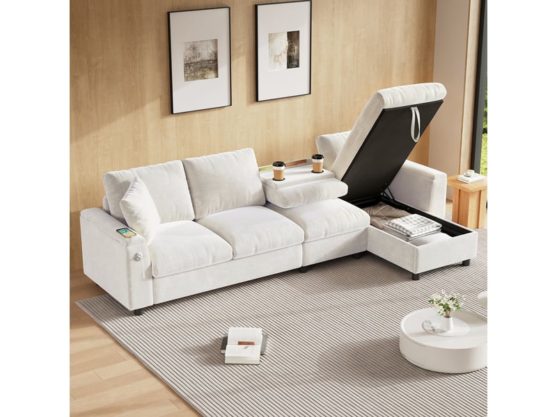 Canapé d'angle réversible 4 places en tissu chenille, avec grand coffre de rangement, table rabattable et ports usb, pour salon, beige - Conforama B