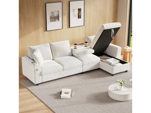 Canapé d'angle réversible 4 places en tissu chenille, avec grand coffre de rangement, table rabattable et ports usb, pour salon, beige