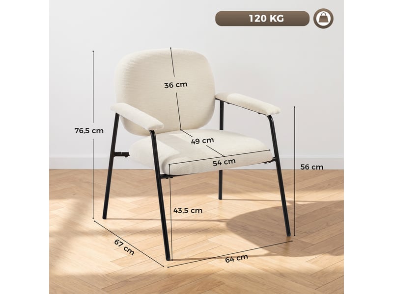 Lot de 2 fauteuils salon, fauteuils d'appoint en chenille avec dossier profilé, accoudoirs rembourrés, crème - Conforama C