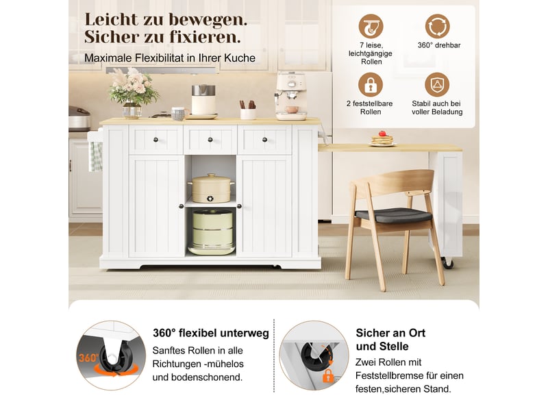  Îlot de cuisine mobile avec table extensible 2 portes et 2 tiroirs 138x55x93 cm  - Conforama D