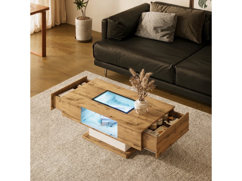  Table basse avec 2 tiroirs, plateau en verre et éclairage led réglable, 110 x 60 cm  - Conforama D
