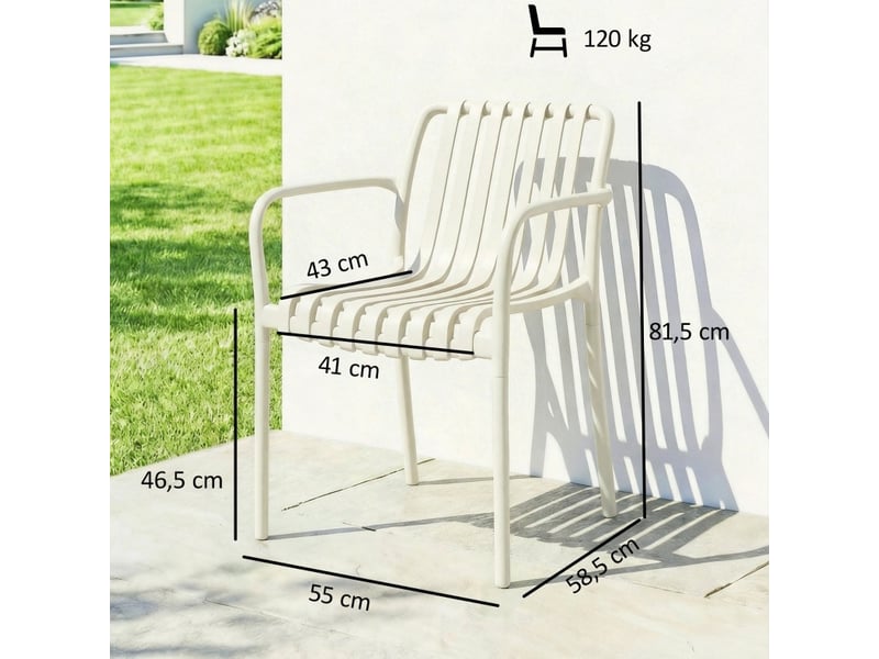 Lot de 4 chaises de jardin empilables avec accoudoirs en plastique blanc crème, design à lames ergonomique - Conforama C