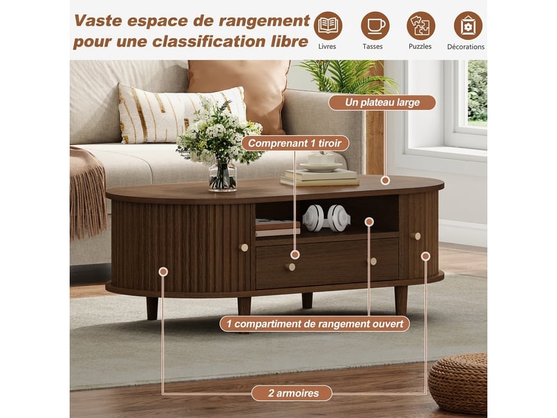 Table basse ovale noyer avec tiroir et porte coulissante 100x50 cm - design minimaliste - Conforama R