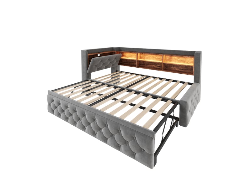  Canapé-lit 90x190 cm, lit enfant, couchage d'appoint, sommier à lattes, extensible, étagères, led, usb et usb-c, velours gris foncé  - Conforama B