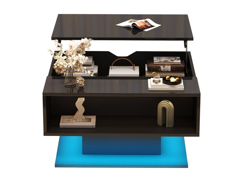  Table basse relevable géométrique 80x75x40cm, table de salon noire avec led, rangement caché et finition brillante  - Conforama D